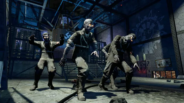A group of zombies advances through an industrial hangar in Black Ops Zombies. Original-game reference.