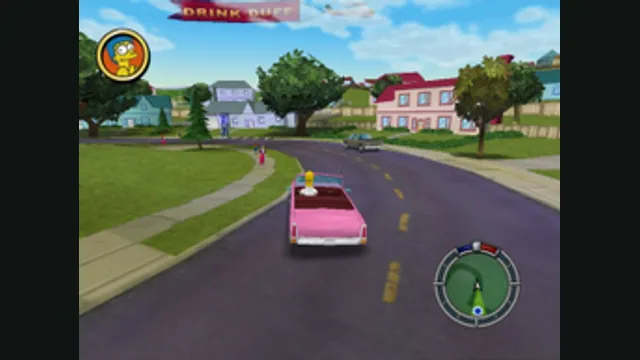A pink car drives through Springfield in The Simpsons: Hit & Run. Original-game reference.