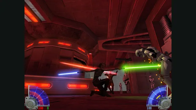 Lightsaber combat in a red-lit interior in Jedi Academy. Original-game reference.